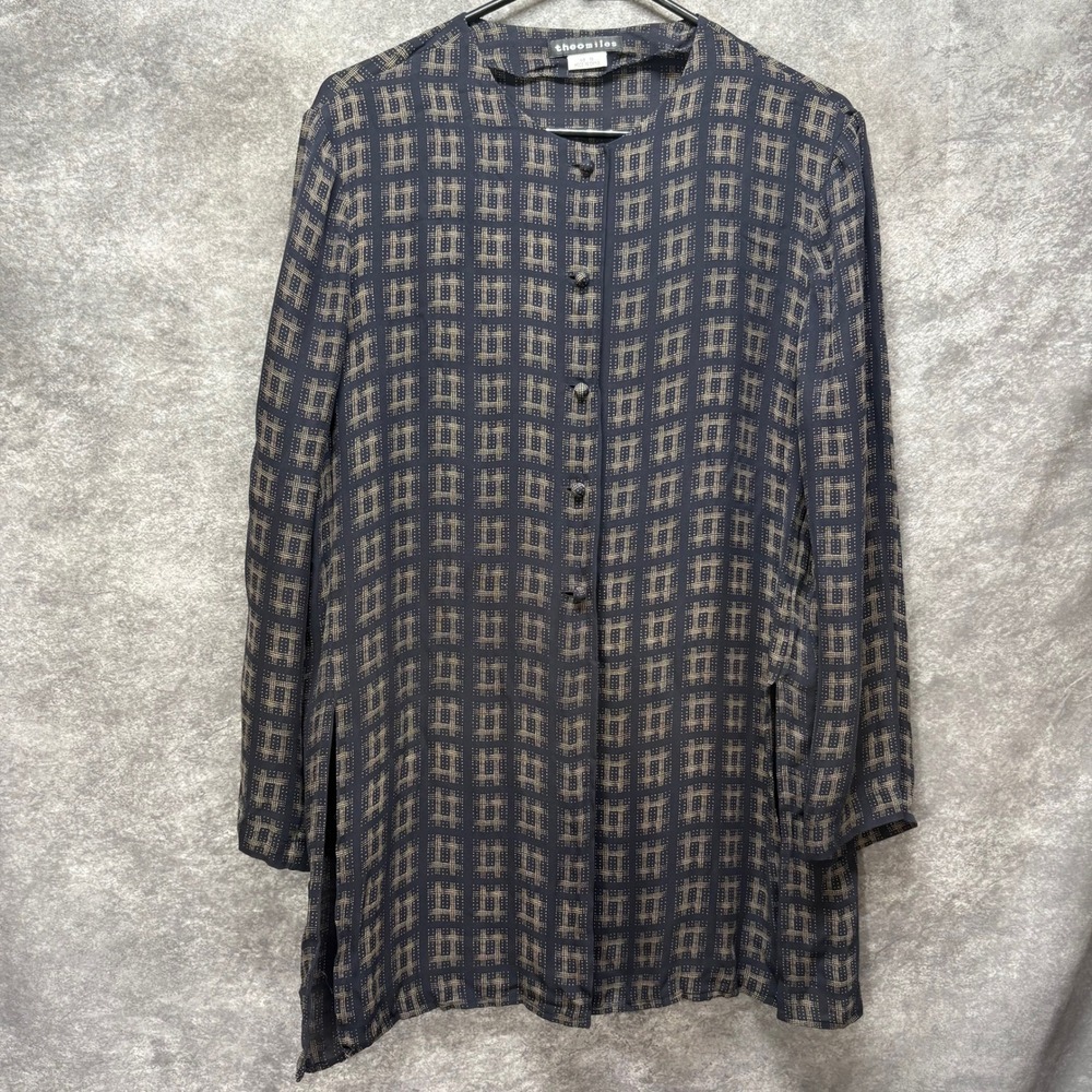 Theo Miles 100% Silk Geometric Plaid Button Front Tunic Shirt Women 10 Black Tan